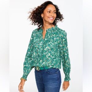 Talbots small petite green and gold cotton popover top